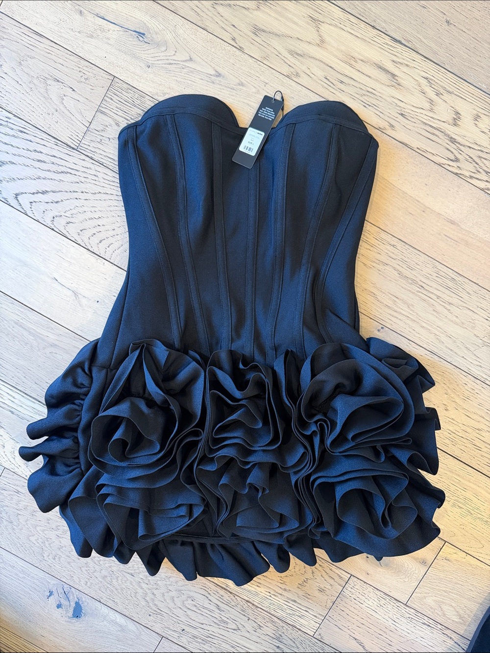Fashion Nova Black Strapless Ruffle Rosette Mini Dress